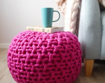 Pink knitted pouf ottoman footstool - bright pink pouffe ottoman - pink chunky knit footstool - Lauren Aston Designs Footstool