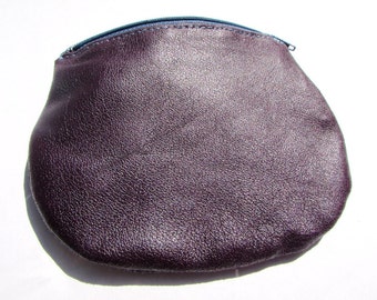 Stunning deep purple Italian leather purse - 100% cotton fabric lining with leaf print - air force blue coloured zip - contrasting stitching