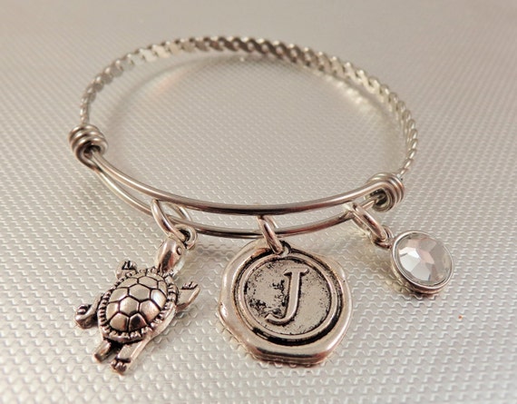 Sea Turtle Bracelet Initial Charm Bangle Adjustable Bangle