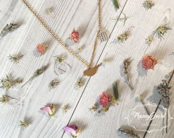 Gold necklace, sparrow necklace, little bird jewels, bird cage necklace, dainty jewelry, minimal jewels