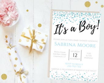 It's A Boy Printable Baby Shower Invitation, Boy Baby Shower Invitation, Blue and Silver Confetti Baby Shower Invitation, Custom Baby Invite