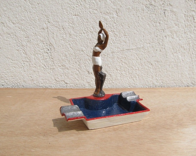 Art Deco ashtray, trinket dish, ring dish, ring tree, 1930s African American swimmer figurine, vintage pinup girl in bathing suit pindish