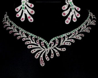Set necklace + earrings in Sterling Silver 925/1000 rubies + emeralds