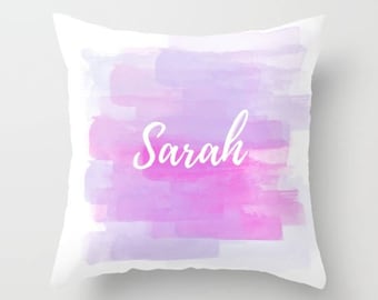 Watercolor Design, Custom Names, Pink Purple, Nursery Pillow, Customizable Decor, Girls Room, Fun Pillow Cover, White and Pink, Personalized