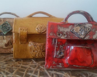 Ceramic sculpture,Sculpture Bag,ceramic handbag,Decorative Sculpture, fine art ceramic,art and Collectibles,ceramic bag, pottery ,red