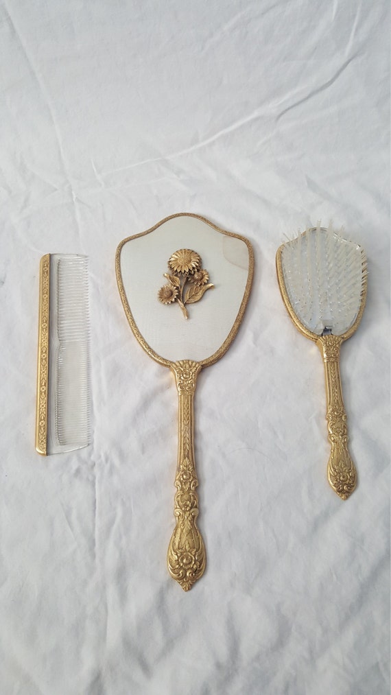 Vintage 24 KT. Gold Plated 3 Piece Set Hand Mirror Comb and