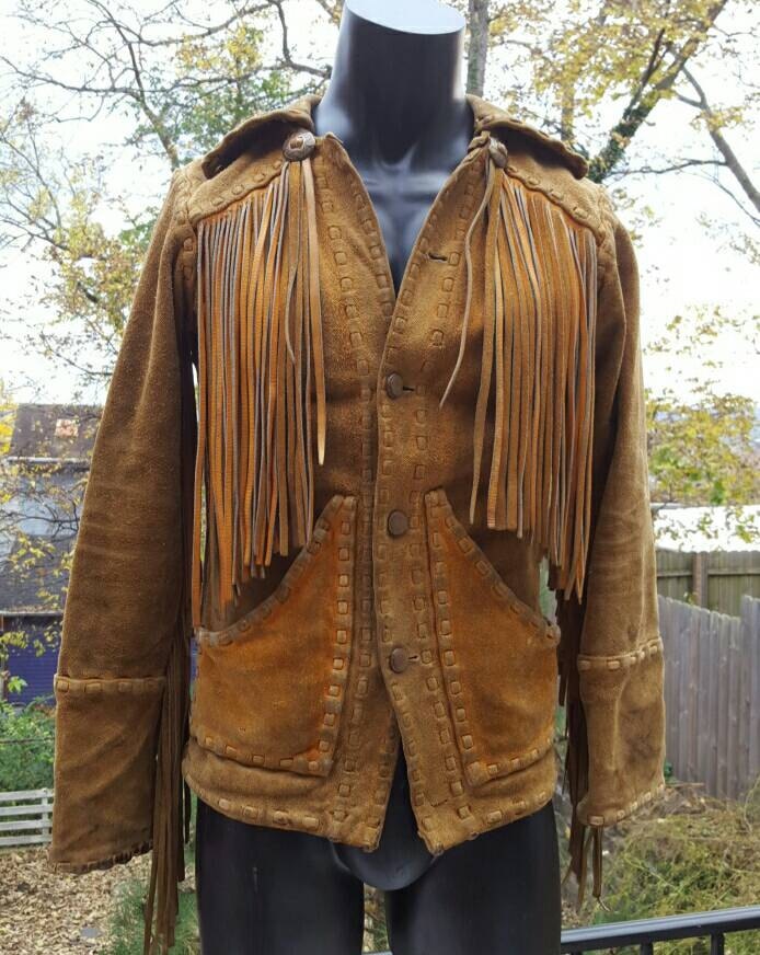 RARE 60s Mens Fringe Leather Hippie Coat Jacket Small Medium