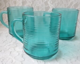 Vintage Teal Green Jardiniere Arcoroc of France Glassware, Cups, Mugs, Set of 3