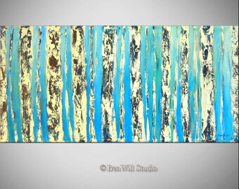 White Birch Tree Painting ORIGINAL Blue Gray White Birch Forest - LARGE Oil Painting 48x24 by BenWill