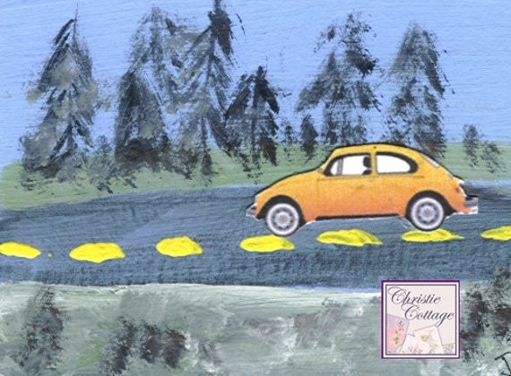 VW Bug, ACEO, Mixed Media Original Art, Orange Slug Bug, Volkswagen