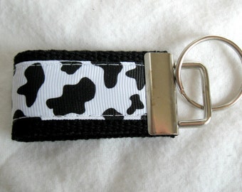 Mini Cow Print Key Fob - Cow Keychain - BLACK - Animal Print Small Key Chain - Cow Zipper Pull - Cow Small Key Ring