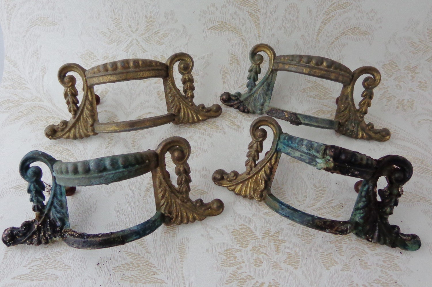 Salvage Set of 4 Vintage Ornate Brass Curved Dresser Drawer Handles