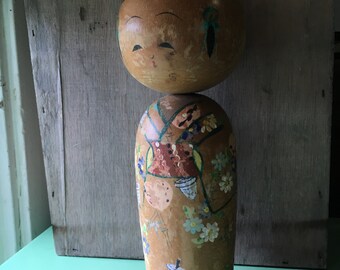 Large Kokeshi Doll Japan Wooden Figure Vintage Bobblehead Wood Doll Asian Art Hand Painted