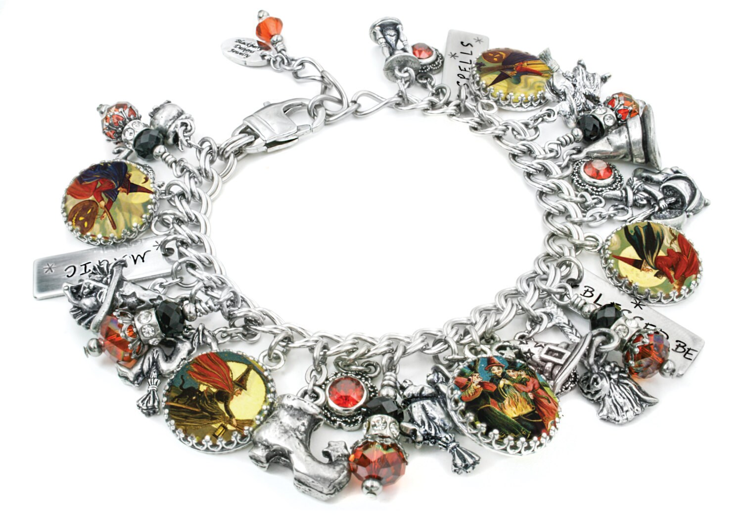 charm bracelet, witch, halloween, potions,magic, book of spells,witch cauldron,witches shoe,witches hat,crystals