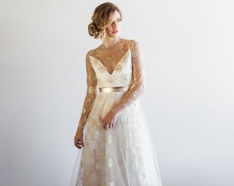 Tattoo Lace Sheer Sleeved Tulle Floral Metallic Gown - Samantha by Cleo and Clementine