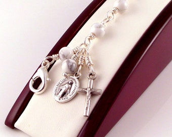 Virgin Mary Miraculous Medal Rosary Bracelet in White Magnesite by Unbreakable Rosaries