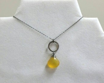 Yellow Chalcedony Necklace, Oxidized Sterling Silver, Blackened Yellow Necklace, Circle Necklace, WIre Wrapped by Maggie McMane Designs