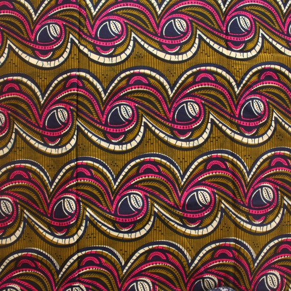 African print Ethnic fabric by the yard Olive green and Pink