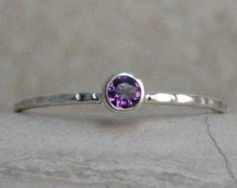 Dainty Gem Ring - February Birthstone Ring - Thin Amethyst Ring - 3mm Tiny Ring - Any Single Birthstone - Made to Order - 1mm Stacking Band