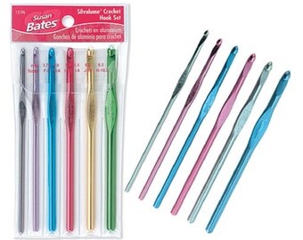 Susan Bates Silvalume Aluminum Crochet Hook Set F-K fnt