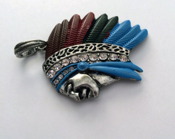 Large Indian Chief Head Pendant Painted Feathers Rhinestones Antique Silver-tone Jewel Tones