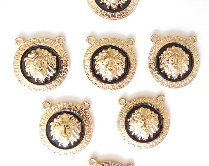 7 Double Link Round Gold-tone Lion Head Charms with Greek Design and Black Epoxy