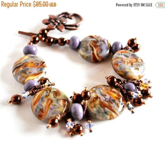 On Sale Lavender and Gold Lampwork Beaded Bracelet with Earrings, Copper Findings, Swarovski Crystals