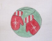 Peppermint Stripe Snowflake Mittens   Handpainted Needlepoint Canvas