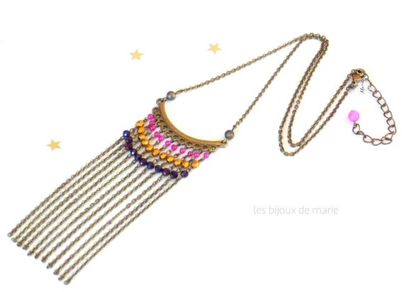 Short boho fringe necklace purple hot pink and gold,Boho necklace,Fringe necklace,Boho fringe necklace,Boho jewlery,Hippie chic jewelry