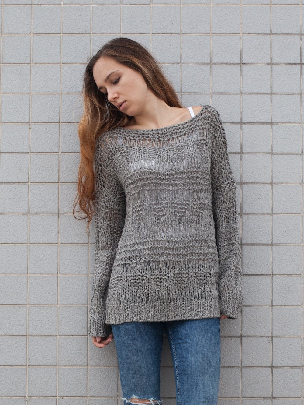 Hand knit sweater wool woman sweater long sweater Grey loose knit ...