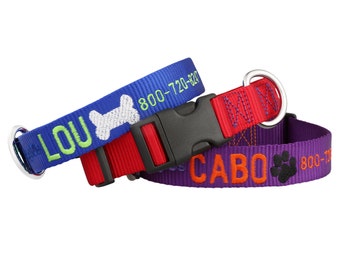 Signature Design Embroidered Nylon Dog Collars with Bone or Paw Design - Personalized Dog Collars with Bone or Paw- 5 Color Combos