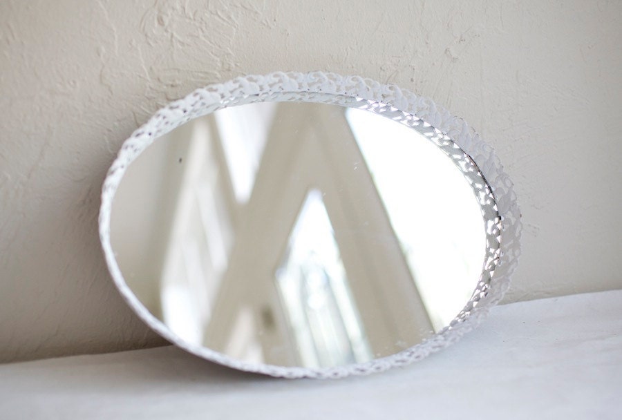9x12.5" Vintage white oval tulip filigree mirror. Blank or hand painted menu, dessert, cocktails, instagram, gifts/cards