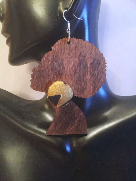 African Woman Wood Earrings Africa Wood EarringsNatural Hair