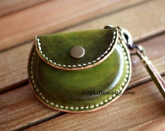 Leather coin purse,leather earbuds pouch case bag,leather purse,coin pouch,change purse, change pouch,hand-painted and stitched by napkitten