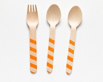 Orange HALLOWEEN Stripes - 20 Wooden Utensils - Choose Forks or Spoons