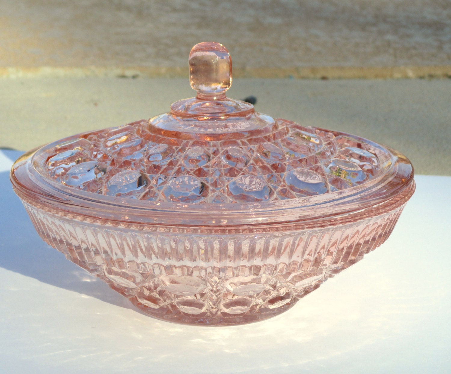 Vintage Pink Depression Glass Lidded Bowl Candy Dish Indiana