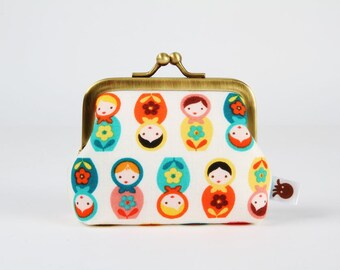 Metal frame change purse - Mini matryoshkas in green and orange - Deep mum / Suzy's mini / russian dolls / blue red yellow