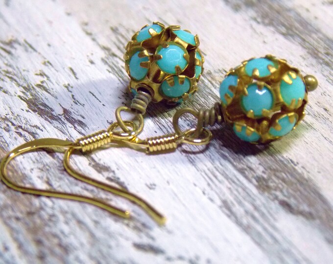 Vintage Turquoise Brass Ball Earrings Simple Light Minimalist Vintage Rhinestones Petite Round Dangle Drop Petite Earrings Opaque Turquoise