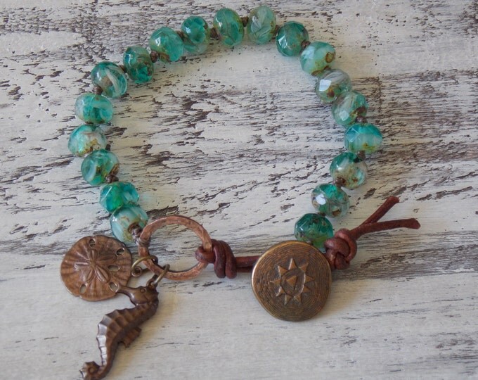 Seahorse and Sand Dollar Knotted Leather Wrap Bracelet Nautical Rustic Boho Wrap Bohemian Beachy Charms