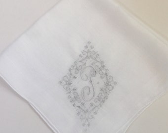 Vintage White Hanky with a White Initial T - Handkerchief Hankie