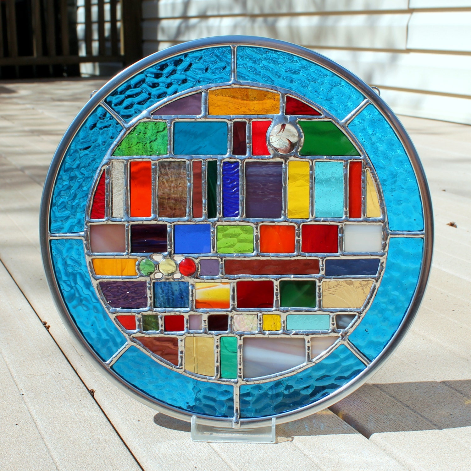 Multicolored Geometric Round Stained Glass Panel