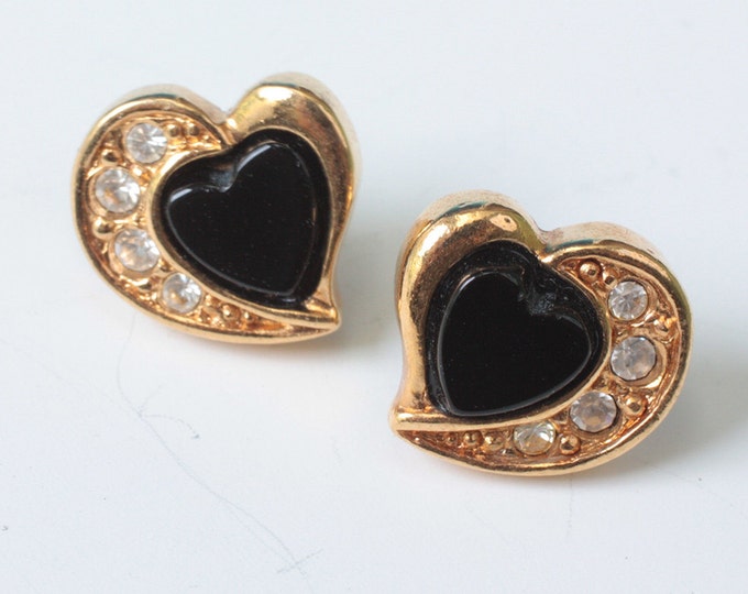 Avon Heart Earrings Black Center Clear Rhinestones Posts Vintage