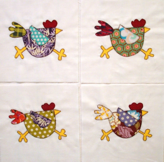 Funky Chicken Appliqued Quilt Blocks by zizzybob on Etsy