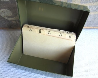 Vintage Small Industrial File Box in Dark Army Green with Alphabet Dividers