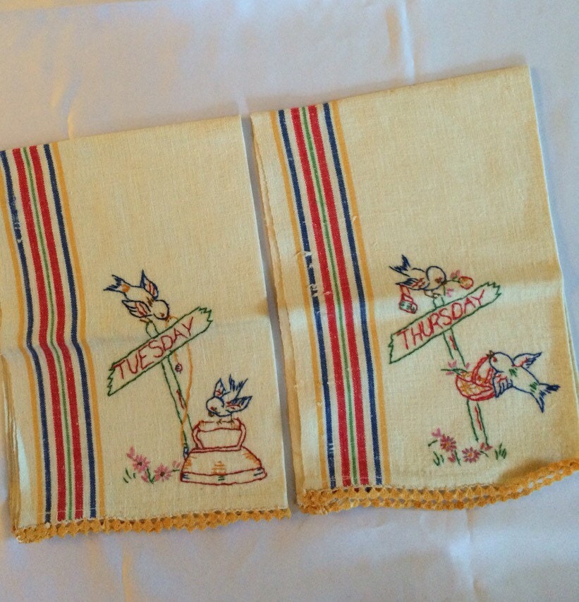 RESERVED Vintage Blue Bird Hand Embroidery Tea Towels Days