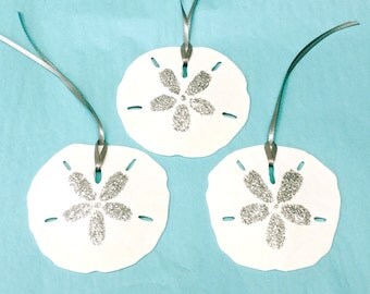 Sand Dollar Christmas Ornaments - Set of 3 Natural Sand Dollars with Gold, Silver or Aqua Glitter and Matching Ribbons - 3"-3.5"