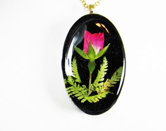 Pink Rosebud, Pressed Flower Jewelry, Real Flowers, Necklace, Resin (1959)