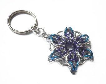 Star key chain, Turquoise, purple, and silver star, Small blue and purple star key ring, Celtic Visions Star chainmaille weave