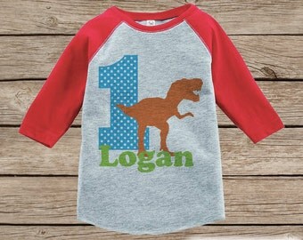Boy's Birthday Outfit - Dinosaur Birthday Shirt - Onepiece or Tshirt - First Birthday Outfit - Red Raglan Birthday Shirt - Trex Birthday Top