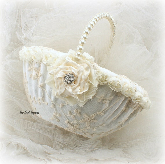 Flower Girl Basket Ivory White Cream Vintage Wedding